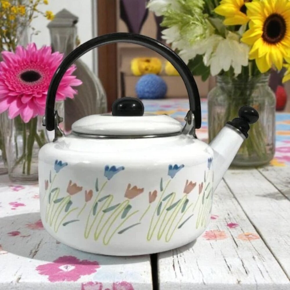 Vintage Floral Tea Kettle Enamel Tea Pot